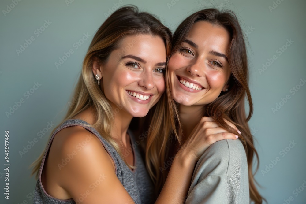 Lesbian happy couple smiles and hugs on a studio background. The concept of same-sex love and tolerance. Lgbtq community, freedom and lgbt people with pride. Generative AI Lesbian happy couple smiles and hugs on a studio background. The concept of same-sex love and tolerance. Lgbtq community, freedom and lgbt people with pride. Generative AI