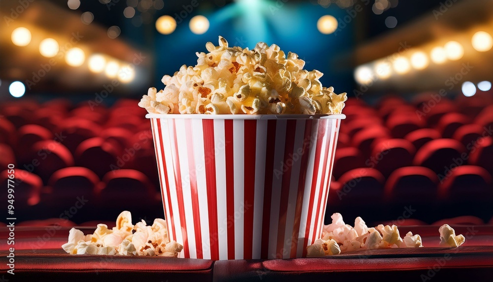 A red and white striped bucket of popcorn at a cinema A red and white striped bucket of popcorn at a cinema