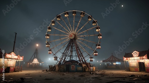 Abandoned Carnival at Night with Rusty Rides and Fog photo