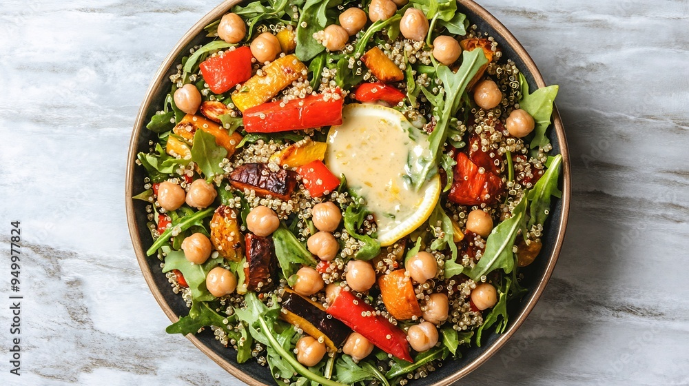 Overhead shot of quinoa salad with roasted vegetables chickpeas and a light lemon dressing Overhead shot of quinoa salad with roasted vegetables chickpeas and a light lemon dressing
