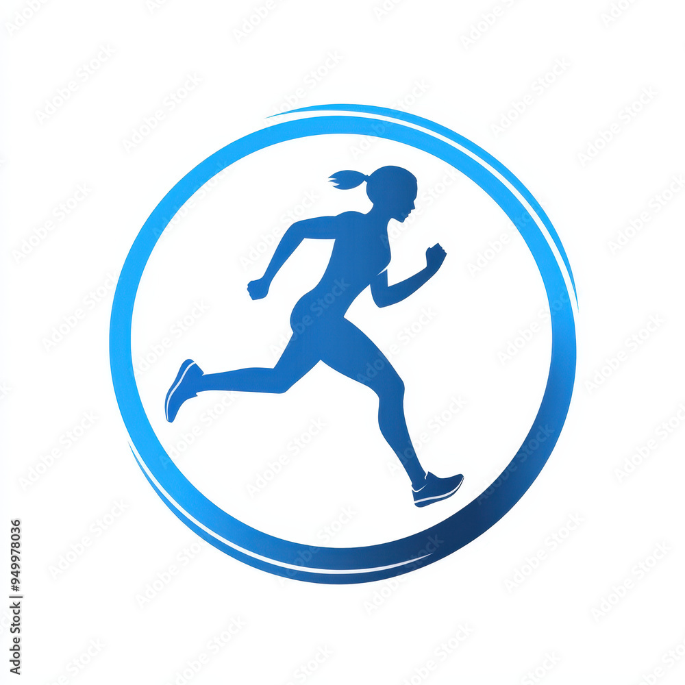 Stylized silhouette of a woman running inside a blue circle, perfect for a sports brand or running club logo Stylized silhouette of a woman running inside a blue circle, perfect for a sports brand or running club logo