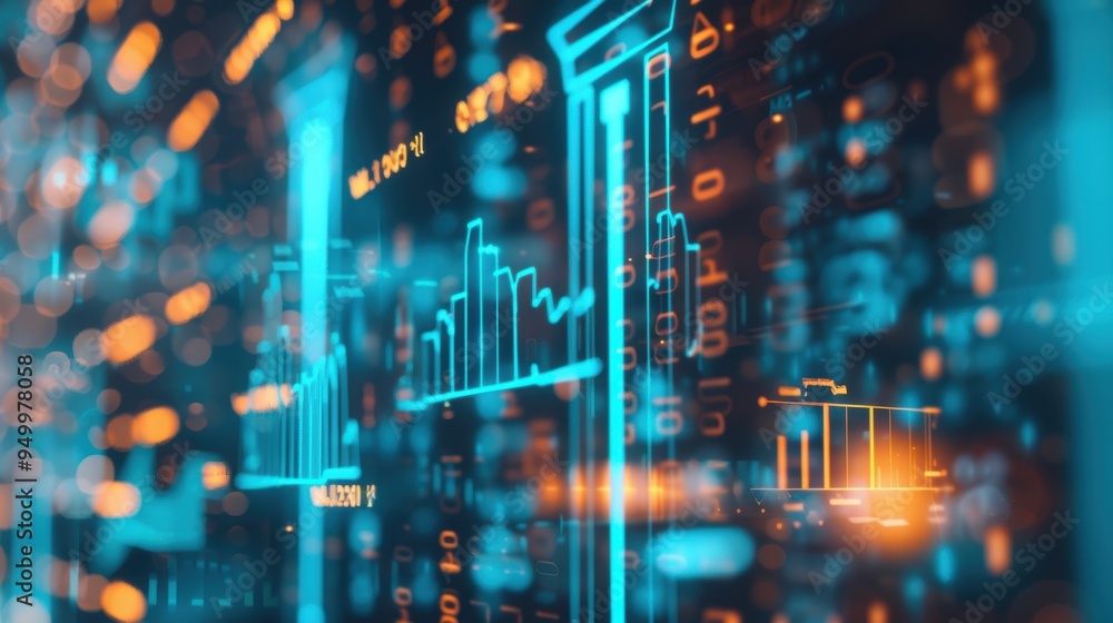 Fototapeta premium Financial technology background showing glowing charts with numbers and bank logos