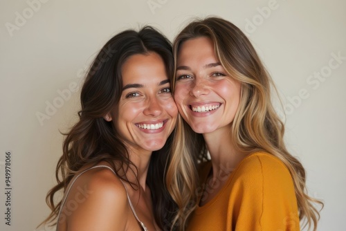 Lesbian happy couple smiles and hugs on a studio background. The concept of same-sex love and tolerance. Lgbtq community, freedom and lgbt people with pride. Generative AI