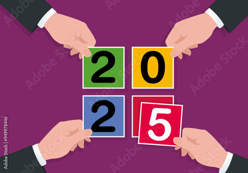 Carte de vœux sous le signe du partenariat et de l’union des compétences, avec le symbole de 4 mains tenant des carrés de couleurs pour former le chiffre 2025.