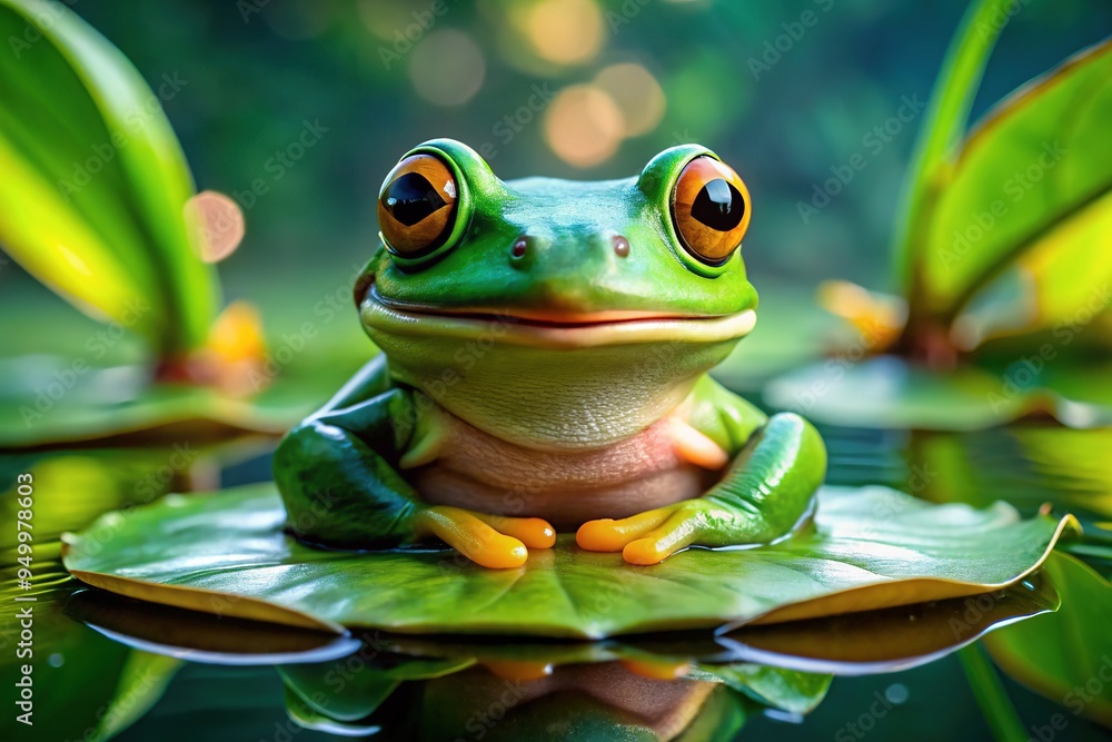 A comical green frog with bulging eyes and a wide smile perches on a lily pad amidst vibrant green foliage. A comical green frog with bulging eyes and a wide smile perches on a lily pad amidst vibrant green foliage.