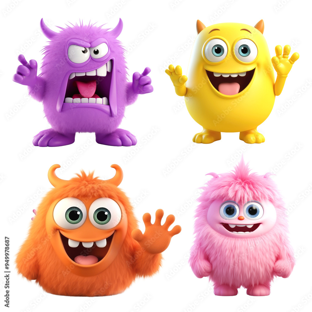 PNG 3D cute monster character design element set, transparent background PNG 3D cute monster character design element set, transparent background