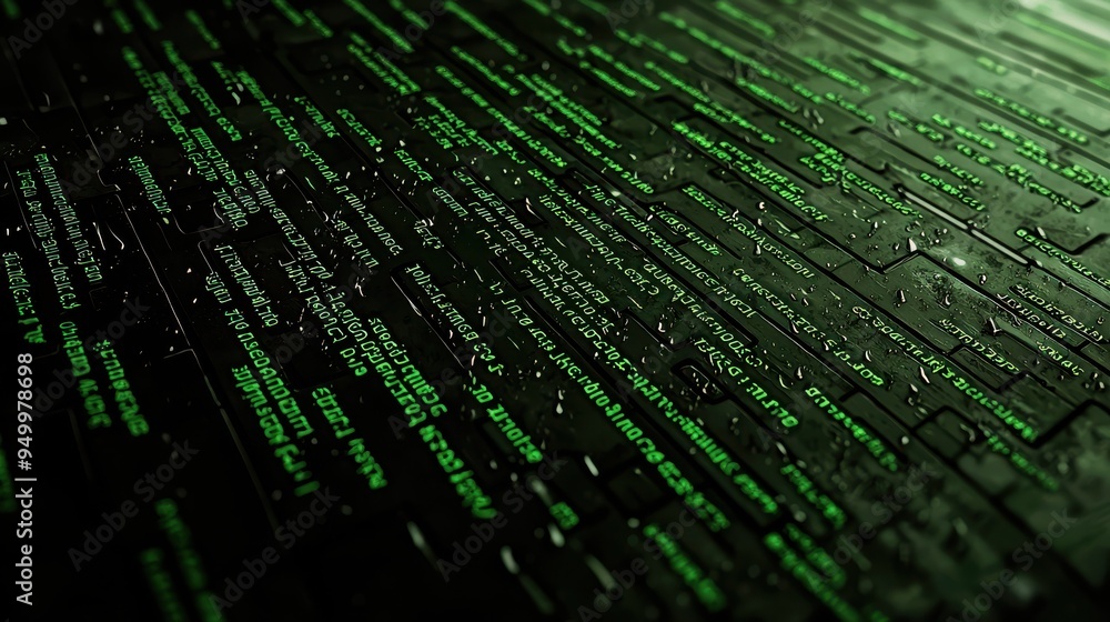 Abstract digital background featuring flowing green code on a dark surface, perfect for technology and programming themes. Abstract digital background featuring flowing green code on a dark surface, perfect for technology and programming themes.