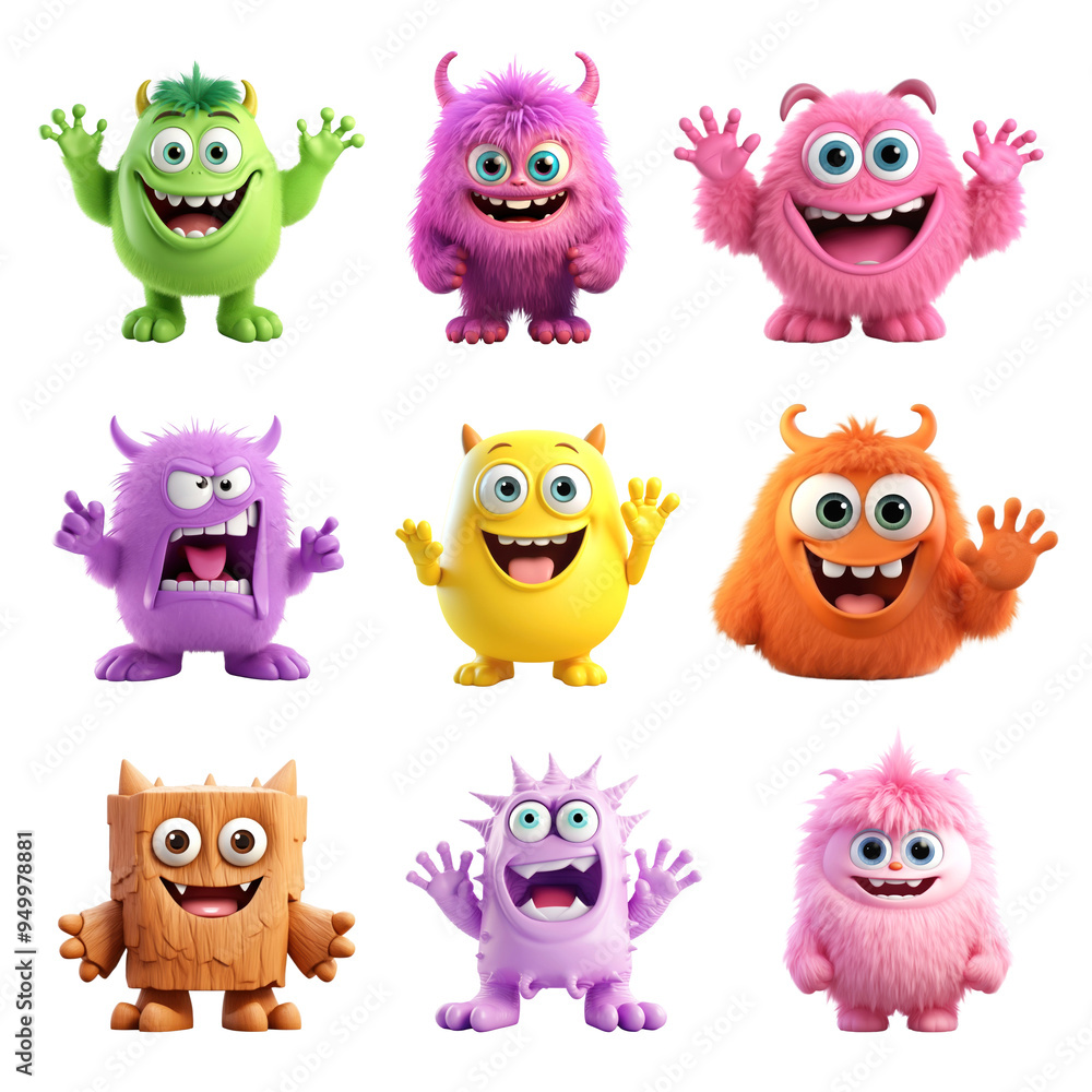 Obraz premium PNG 3D cute monster character design element set, transparent background