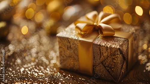 Elegant Gold Foil Wrapped Gift Box with Silk Ribbon Against Festive Holiday Background