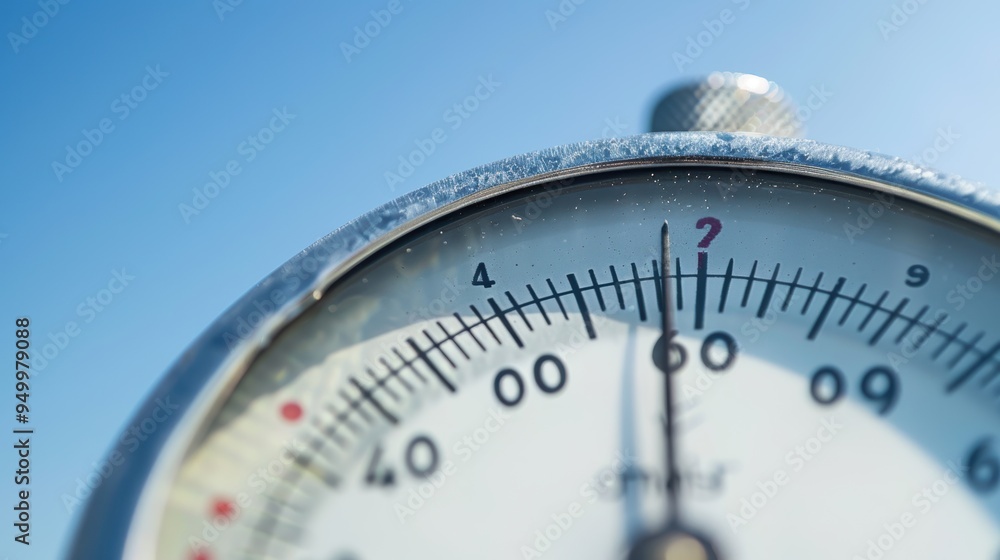 Close up of pressure gauge needle pointing at question mark Close up of pressure gauge needle pointing at question mark