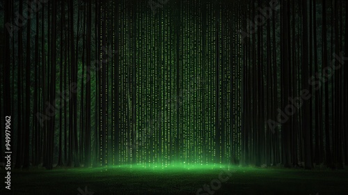 A captivating digital backdrop featuring green cascading lines, reminiscent of a virtual world or matrix theme, ideal for tech projects.