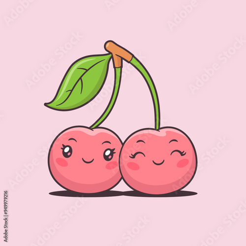 Cute kawaii cherries characters vector cartoon illustration