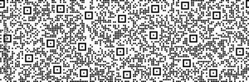 Black and white simple seamless pattern with random squares as a qr code. Binary message for electronic device and scanner. Abstract vector geometry bg