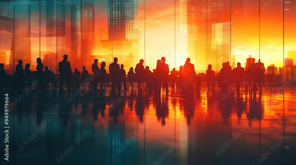 A group of people are sitting at a table with a sunset in the background A group of people are sitting at a table with a sunset in the background