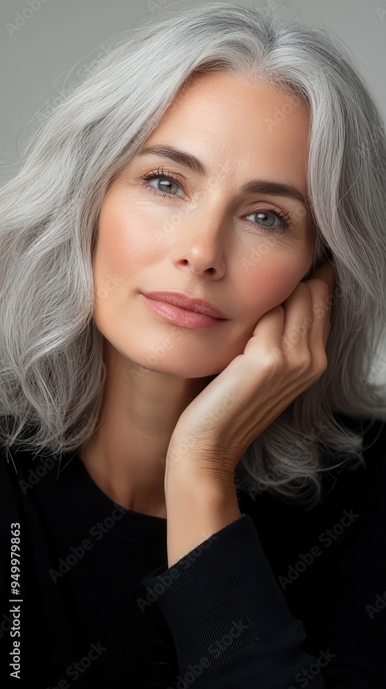 A close-up of a woman with natural gray hair, styled elegantly, with a focus on the texture and beauty of aging hair, celebrating confidence and individuality A close-up of a woman with natural gray hair, styled elegantly, with a focus on the texture and beauty of aging hair, celebrating confidence and individuality