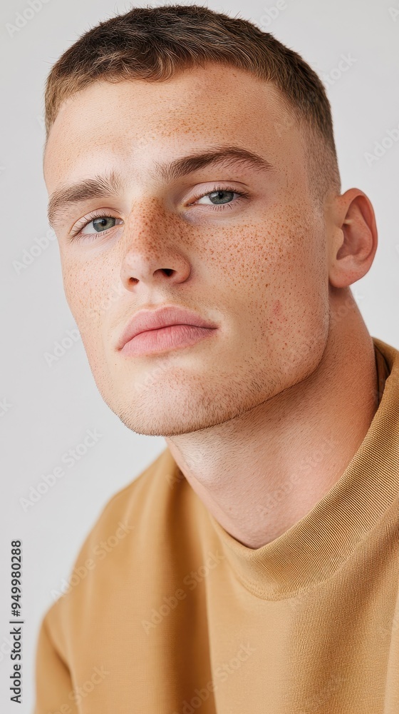 Obraz premium A close-up of a young man with visible birthmarks, styled in streetwear, proudly showing his individual style and natural appearance