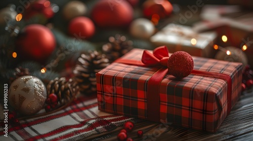 Festive Tartan Plaid Gift Box Surrounded by Holiday