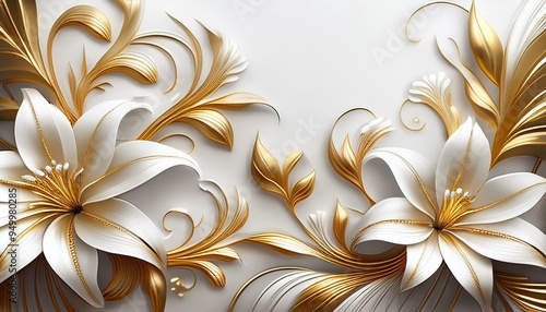 An elegant white and golden 3D floral background with stucco lilies and golden stems and leaves