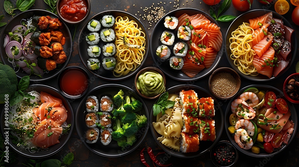 A vibrant world cuisine collage featuring sushi, pasta, curry, and tacos, each traditionally plated and set against a background of cultural symbols, with warm, A vibrant world cuisine collage featuring sushi, pasta, curry, and tacos, each traditionally plated and set against a background of cultural symbols, with warm,