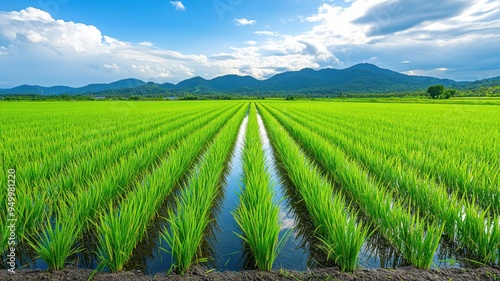 Lush rice field with green stalks planted in rows, reflecting a blue sky and distant mountains, vibrant greenery in natural sunlight. Harvesting