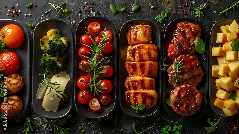 custom made wallpaper toronto digitalA visually stunning collage of high-end culinary dishes, elegantly plated on fine bone china, with a focus on diverse textures, vibrant colors, and artistic presentation,