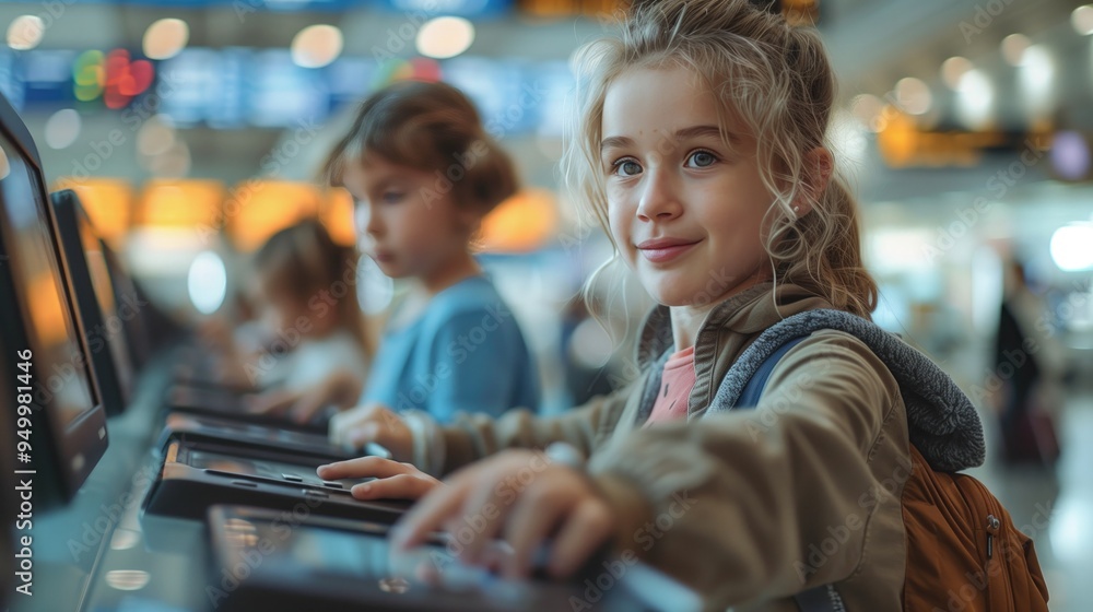 A family navigating through airport security, with child-friendly safety instructions and colorful indicators A family navigating through airport security, with child-friendly safety instructions and colorful indicators