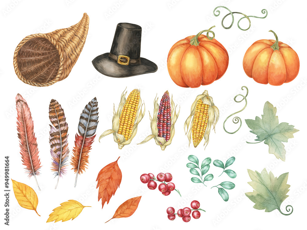 Thanksgiving watercolor clipart set including a Pilgrim hat, pumpkins, feathers, dried corn, cranberries and autumn leaves. Ideal for crafting invitations, seasonal greeting cards, or festive flyers Thanksgiving watercolor clipart set including a Pilgrim hat, pumpkins, feathers, dried corn, cranberries and autumn leaves. Ideal for crafting invitations, seasonal greeting cards, or festive flyers