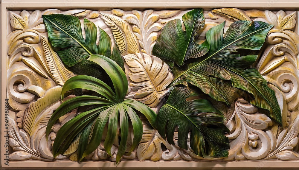 Obraz premium An intricately detailed cluster of tropical leaves adorns a sculptured stucco panel.