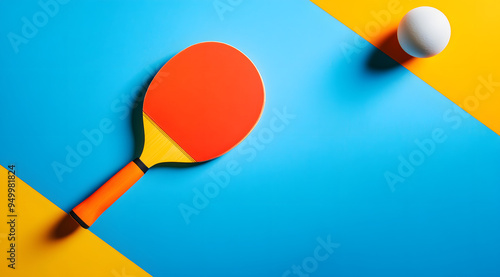 Red Table Tennis Racket with a White Ball on a Reflective Surface, Highlighting the Competitive Spirit, Precision, and Simplicity of the Sport 