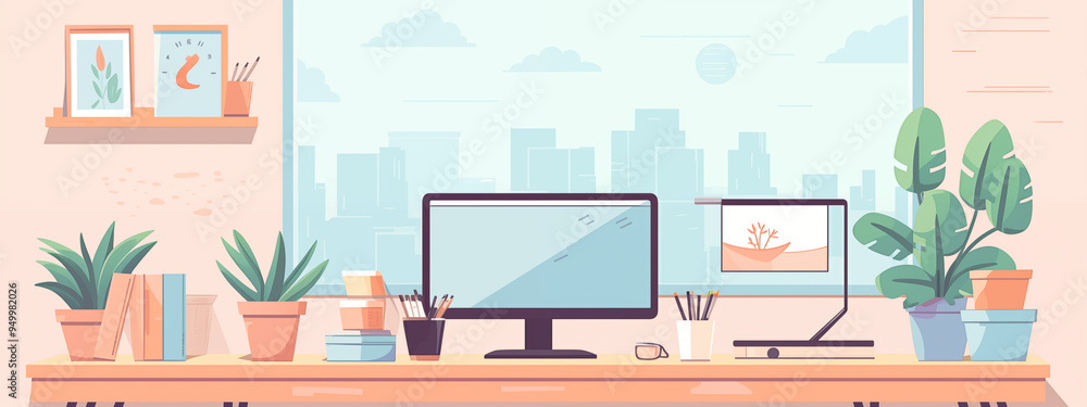 Urban Workspace with Dual Monitors and Potted Plants Overlooking a Cityscape Urban Workspace with Dual Monitors and Potted Plants Overlooking a Cityscape