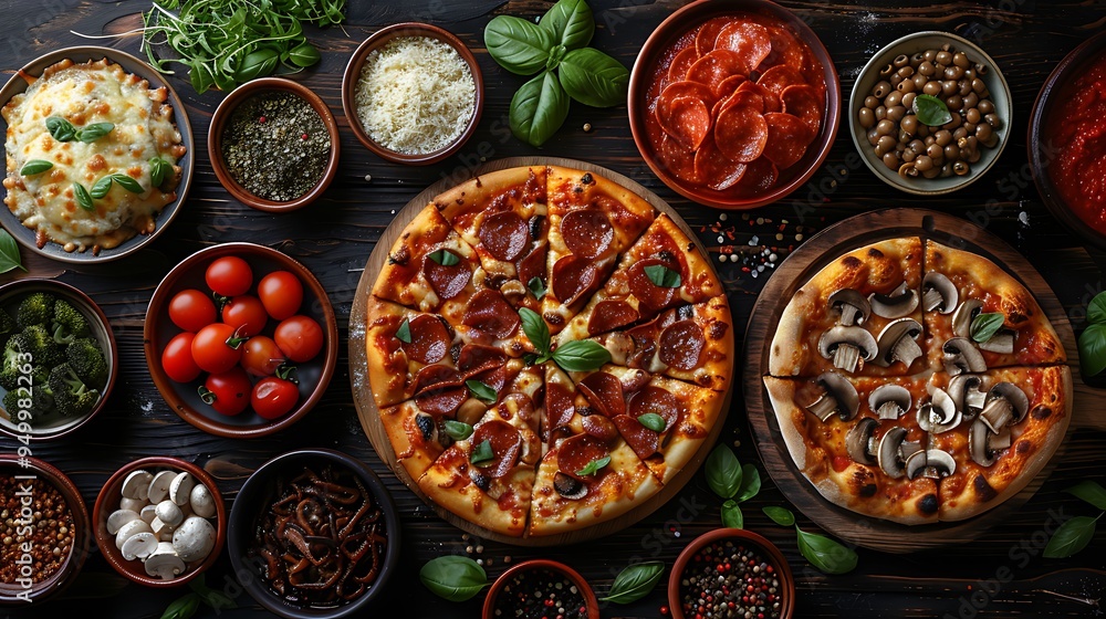 A visually stunning pizza collage featuring an assortment of pizzas with various crusts and toppings like mushrooms, pepperoni, and fresh basil, each served on rustic wooden boards and ceramic plates, A visually stunning pizza collage featuring an assortment of pizzas with various crusts and toppings like mushrooms, pepperoni, and fresh basil, each served on rustic wooden boards and ceramic plates,