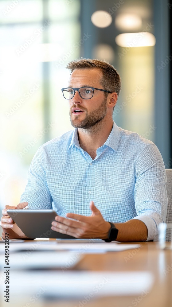 A corporate boardroom meeting with executives in smart-casual attire, engaged in a discussion, with one person presenting using a tablet, showcasing a modern and approachable business environment A corporate boardroom meeting with executives in smart-casual attire, engaged in a discussion, with one person presenting using a tablet, showcasing a modern and approachable business environment