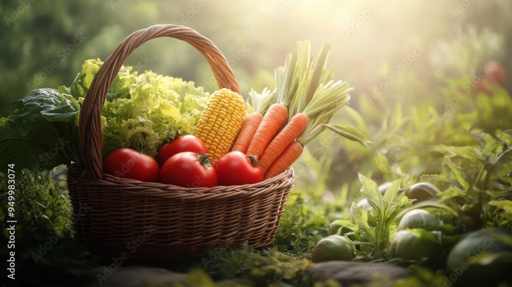 Garden scene with a wicker basket of fresh produce, featuring tomatoes, corn, lettuce, and carrots, soft sunlight and slightly blurred background. Harvesting Garden scene with a wicker basket of fresh produce, featuring tomatoes, corn, lettuce, and carrots, soft sunlight and slightly blurred background. Harvesting