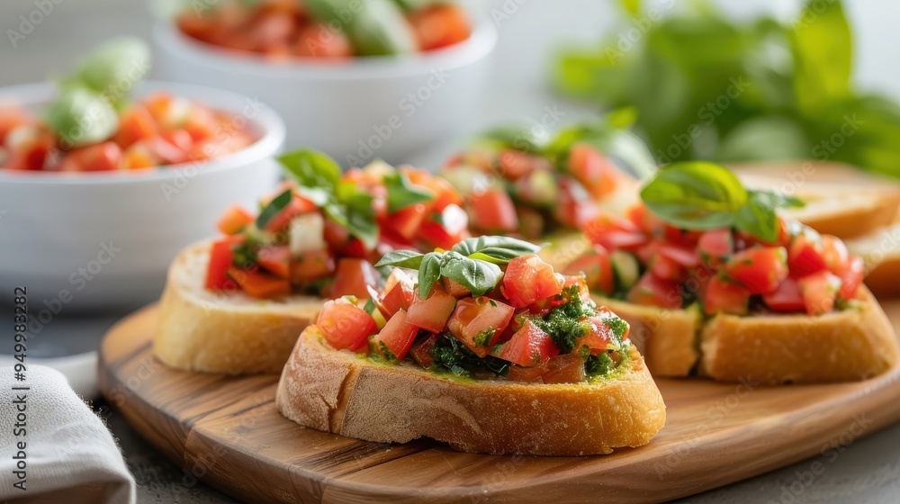 Pesto sauce as a key ingredient in a colorful bruschetta platter, with toasted bread and toppings. Pesto sauce as a key ingredient in a colorful bruschetta platter, with toasted bread and toppings.
