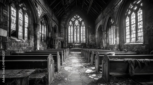 Time-Worn Elegance: The Haunting Beauty of an Ancient Church in Grayscale, Stained Glass Windows Reflecting History