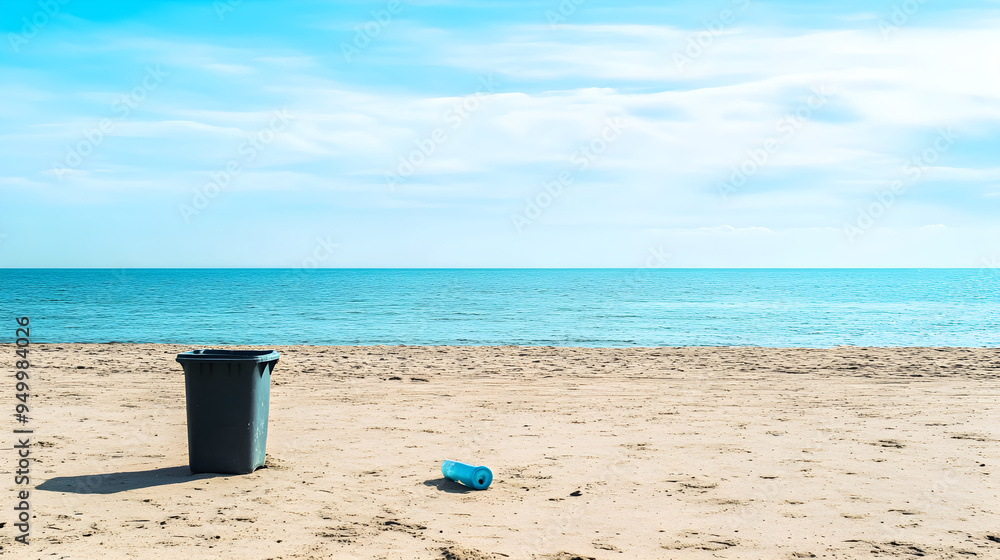 A deserted beach features a lone piece of litter near a trash can against a serene sea and sky backdrop conveying themes of neglect and environmental concern