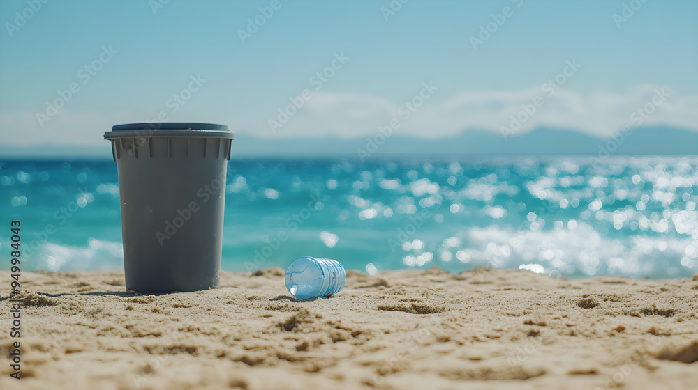A deserted beach features a gray trash can and a single piece of plastic litter, reflecting environmental concerns in a serene coastal setting A deserted beach features a gray trash can and a single piece of plastic litter, reflecting environmental concerns in a serene coastal setting