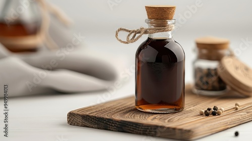 Bottle of Worcestershire sauce on a clean white background, highlighting its dark brown color and iconic label design.
