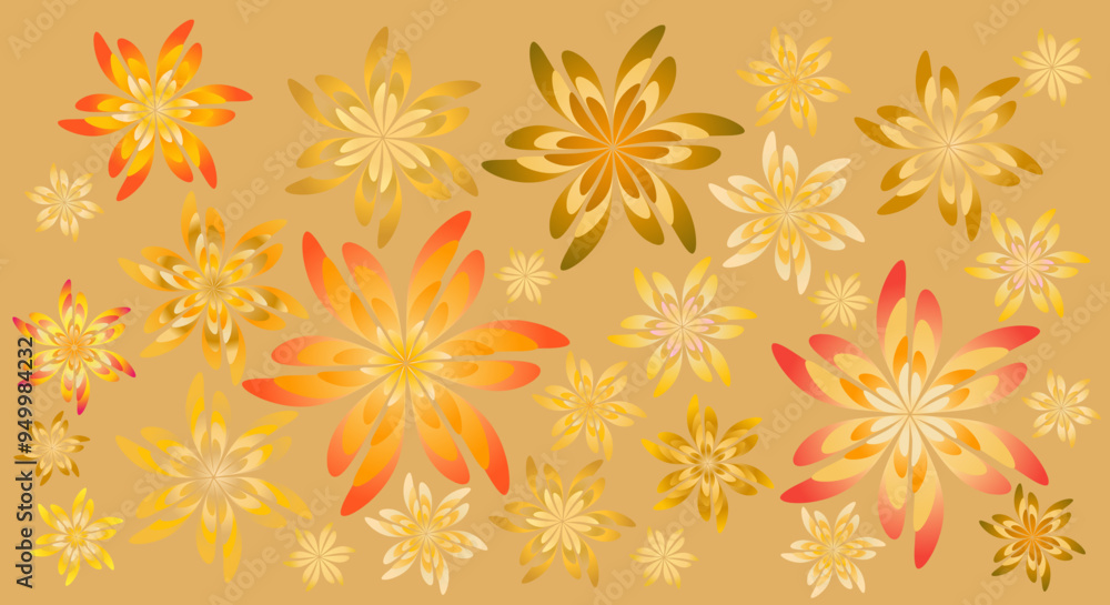 Beautiful multi layers floral elements with gradient fill in orange background, vector floral background Beautiful multi layers floral elements with gradient fill in orange background, vector floral background