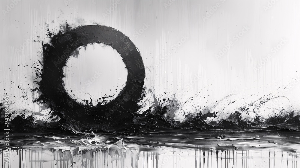Fototapeta premium An abstract black and white painting featuring a large circular shape surrounded by dynamic splashes and waves of paint. The background is a gradient of light to dark