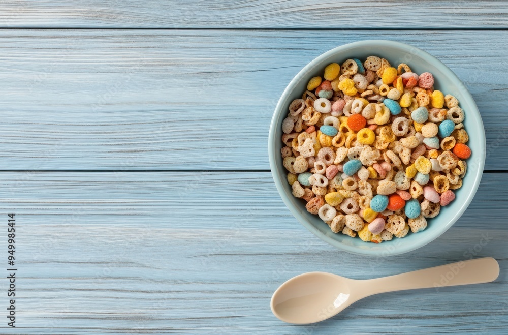 Colorful Cereal in Bowl with Spoon on Blue Wooden Table Colorful Cereal in Bowl with Spoon on Blue Wooden Table