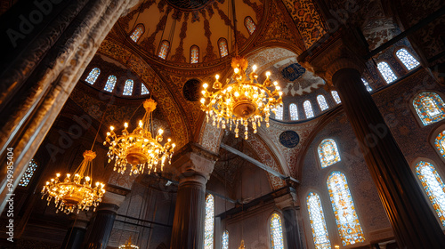 The interior of a mosque showcasing intricate designs and stunning chandeliers with beautiful stained glass windows illuminating the space photo