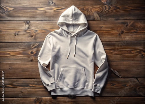 A customizable, blank, plain white hoodie lies flat on a rustic wooden table, with a subtle shadow, waiting for your creative design to be applied. photo