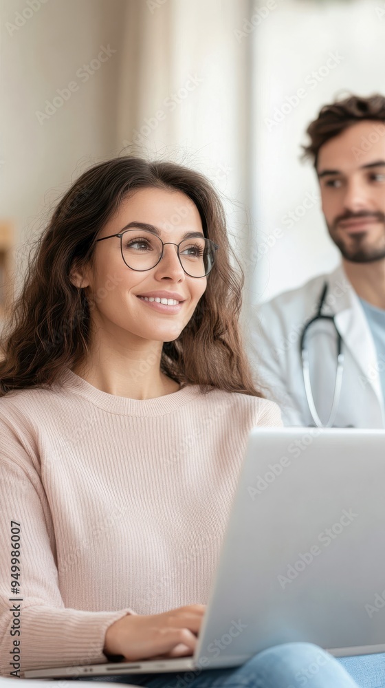 A couple sitting on a couch, discussing health results with a doctor via a laptop, with a focus on connection and well-being in their living room A couple sitting on a couch, discussing health results with a doctor via a laptop, with a focus on connection and well-being in their living room