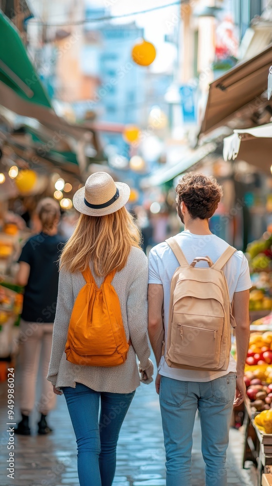 Naklejka premium A couple strolling through a charming local market, engaging with vendors, sampling exotic fruits, and absorbing the vibrant atmosphere of a bustling destination