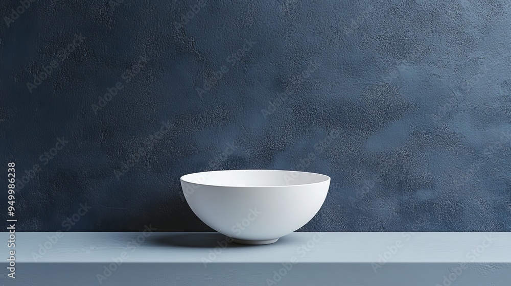 A white bowl sits on a shelf in front of a blue wall A white bowl sits on a shelf in front of a blue wall