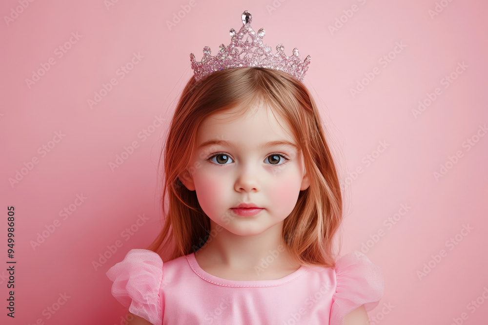 Adorable little girl with blonde hair and pink dress wearing a shining tiara, posing on a pink background Adorable little girl with blonde hair and pink dress wearing a shining tiara, posing on a pink background