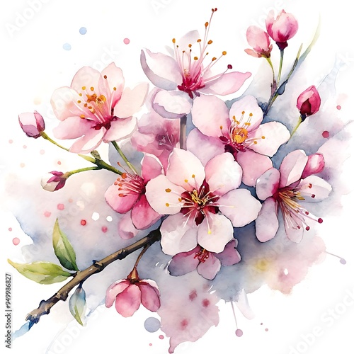 Cherry blossom flowers watercolor with white background