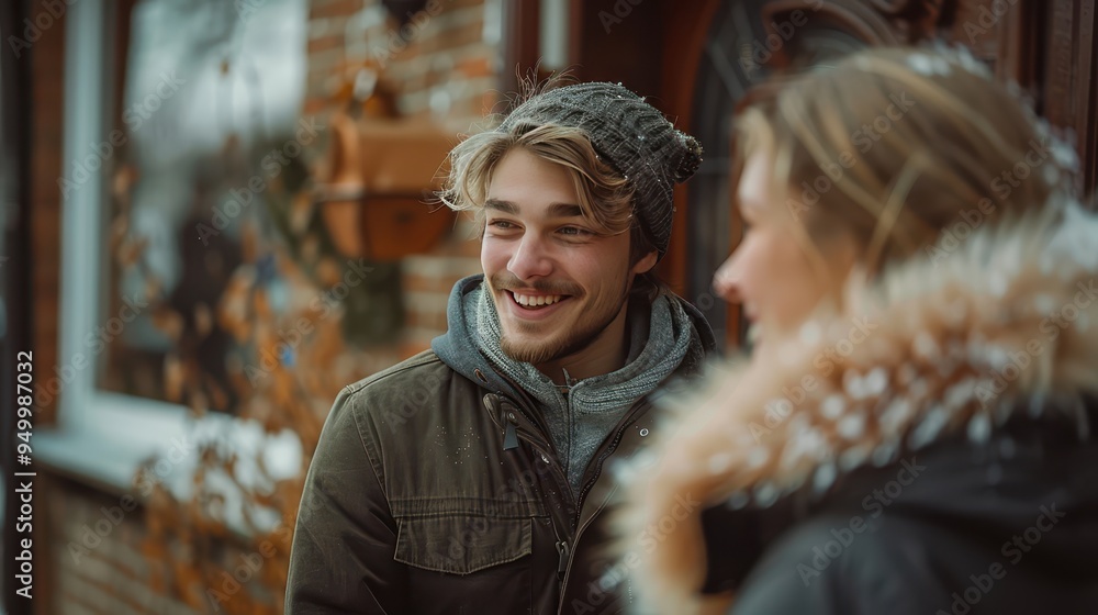 Happy Delivery: Smiling Young Man Delivering Package to Customer at Front Door in Hyper-Realistic Color Image Happy Delivery: Smiling Young Man Delivering Package to Customer at Front Door in Hyper-Realistic Color Image