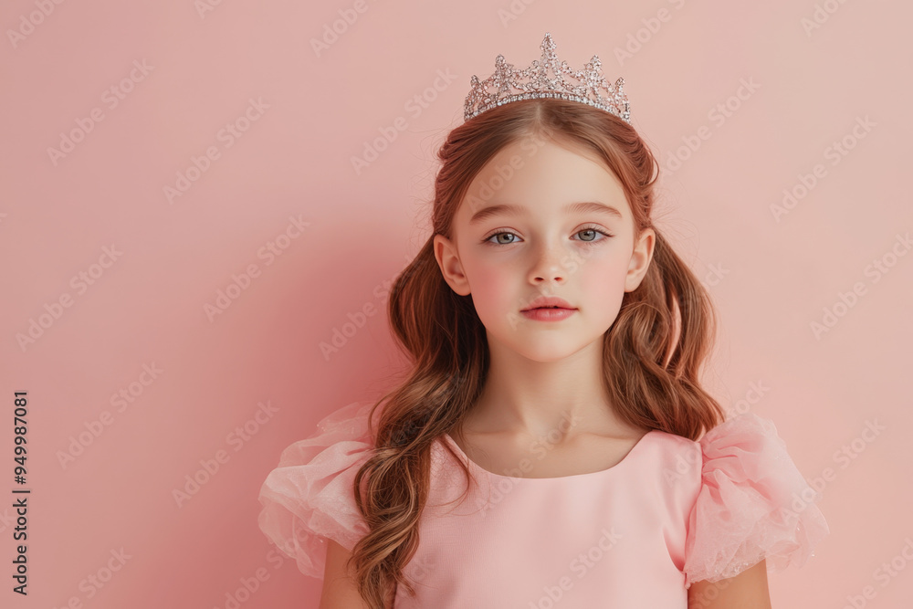 Studio portrait of charming kid model with diadem posing in pink dress on isolated background Studio portrait of charming kid model with diadem posing in pink dress on isolated background